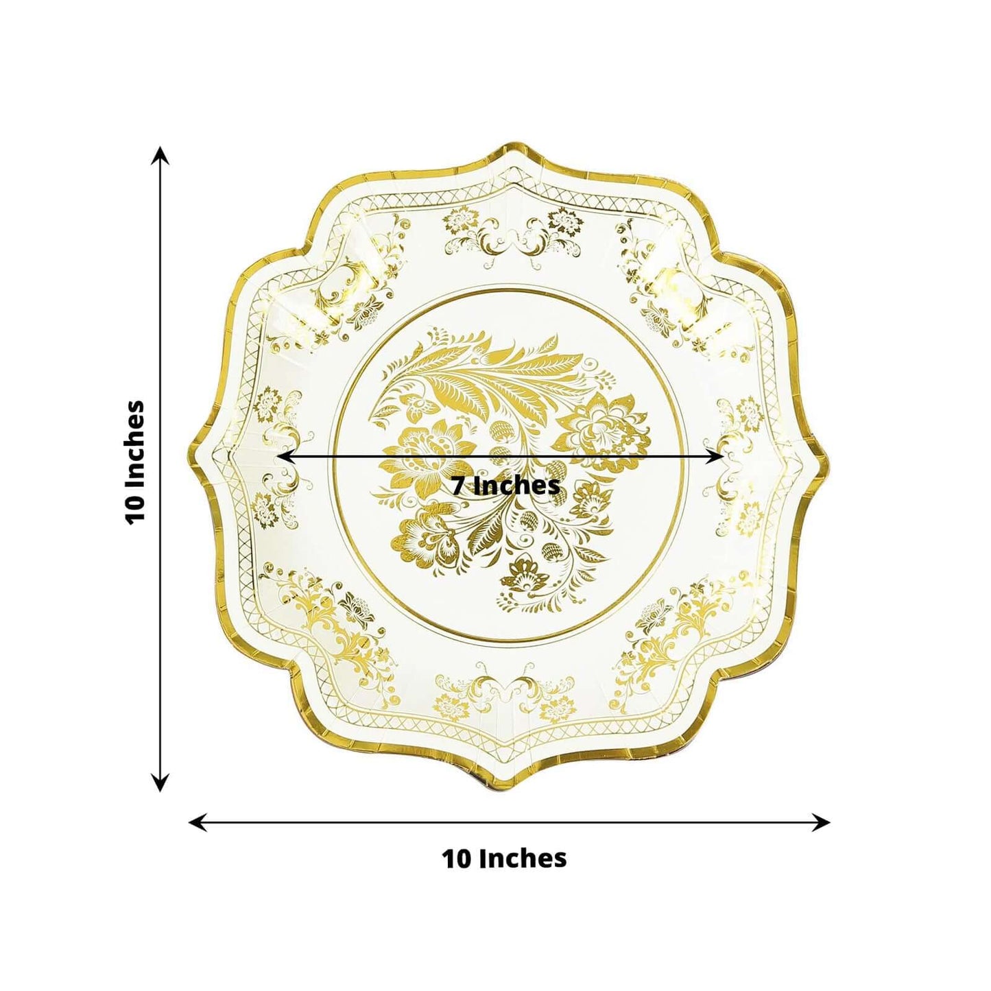 25-Pack Paper Dinner Plates in White Gold Damask Floral Print & Scallop Rim - Stylish Disposable 300GSM Floral Party Plates 10"