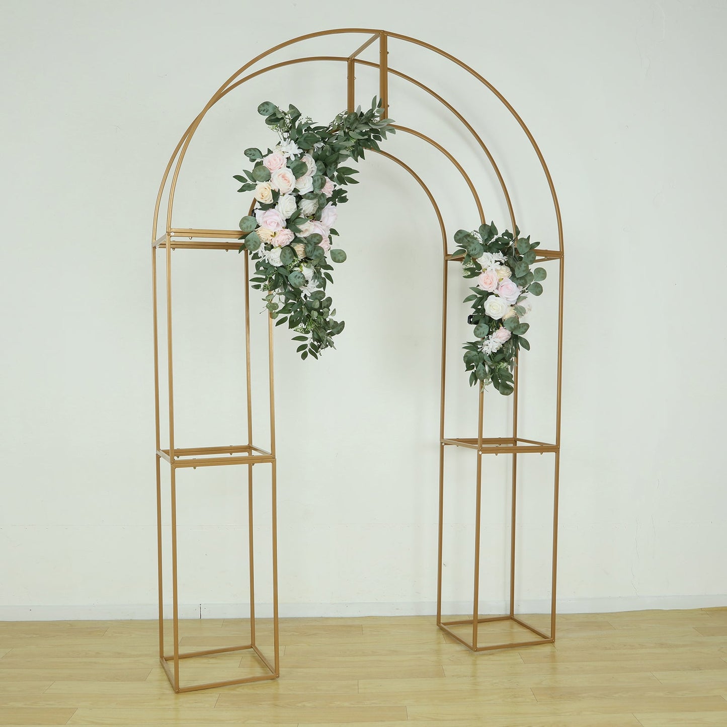 7.5ft Gold 3D Metal Wedding Arch Backdrop Stand with Round Top, Heavy-Duty Floral Balloon Frame for Elegant Parties