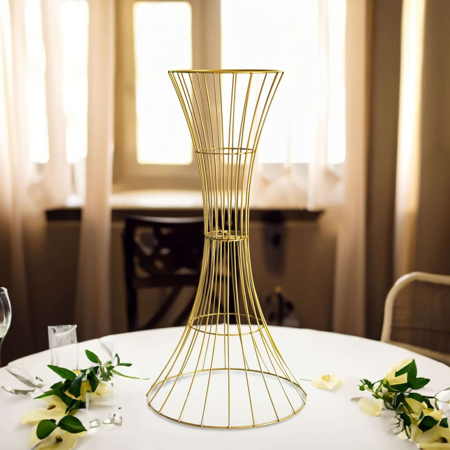 36" Tall Gold Metal Wire Hourglass Flower Frame Stand, Open Frame Reversible Trumpet Centerpiece Stand