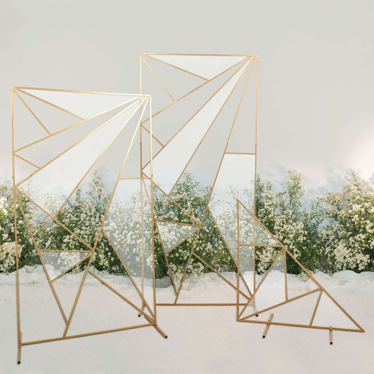 7ft Tall Gold Metal Rectangular Geometric Flower Frame Prop Stand, Wedding Backdrop Floor Stand With Cloudy Film Insert