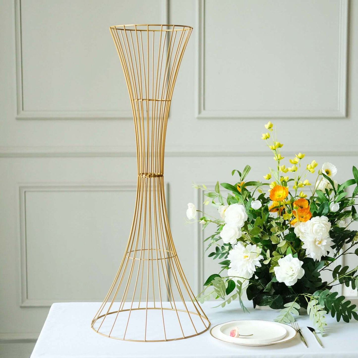 36" Tall Gold Metal Wire Hourglass Flower Frame Stand, Open Frame Reversible Trumpet Centerpiece Stand