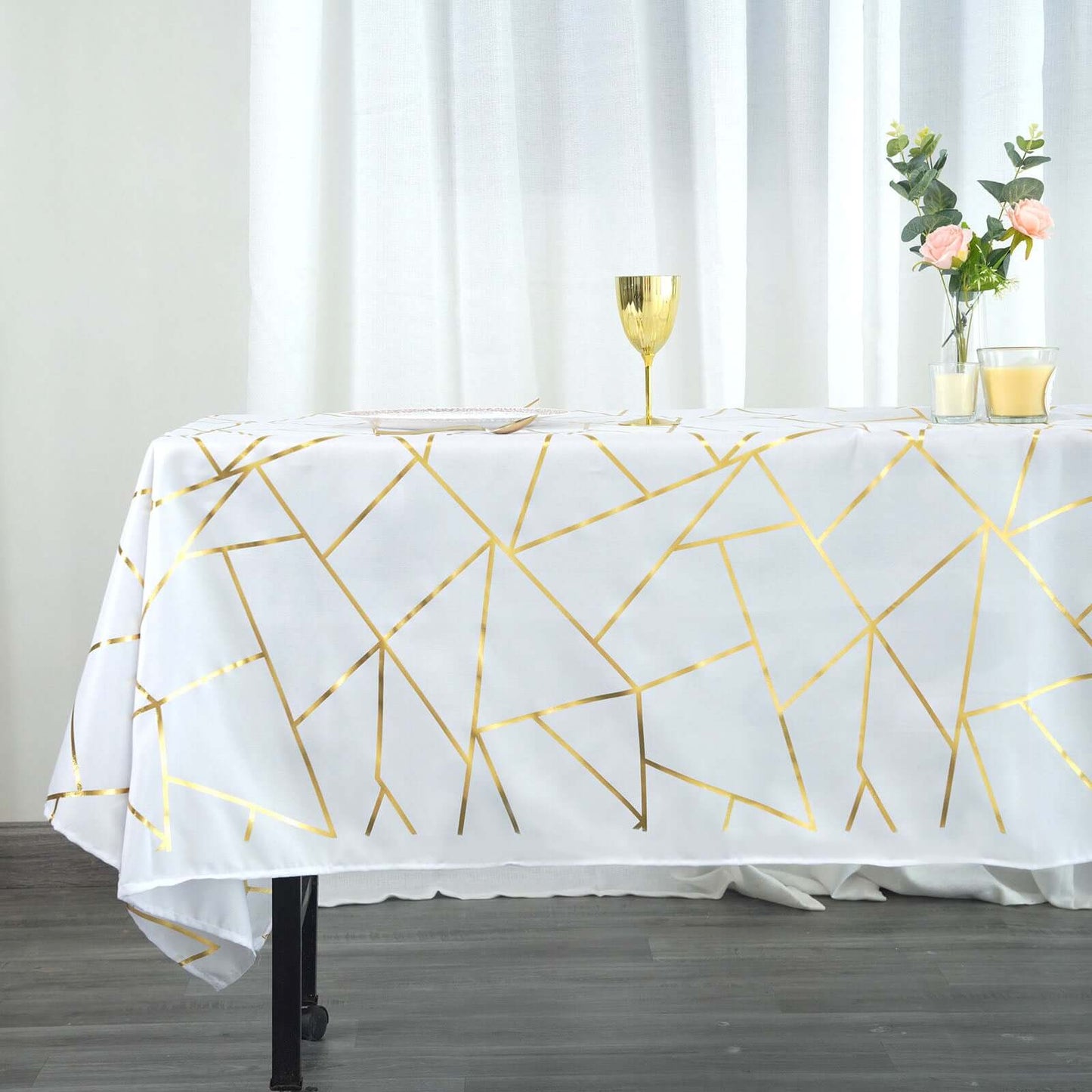 Polyester 60"x102" Rectangle Tablecloth White with Gold Foil Geometric Pattern - Wrinkle-Resistant and Durable Table Cover for Weddings & Events