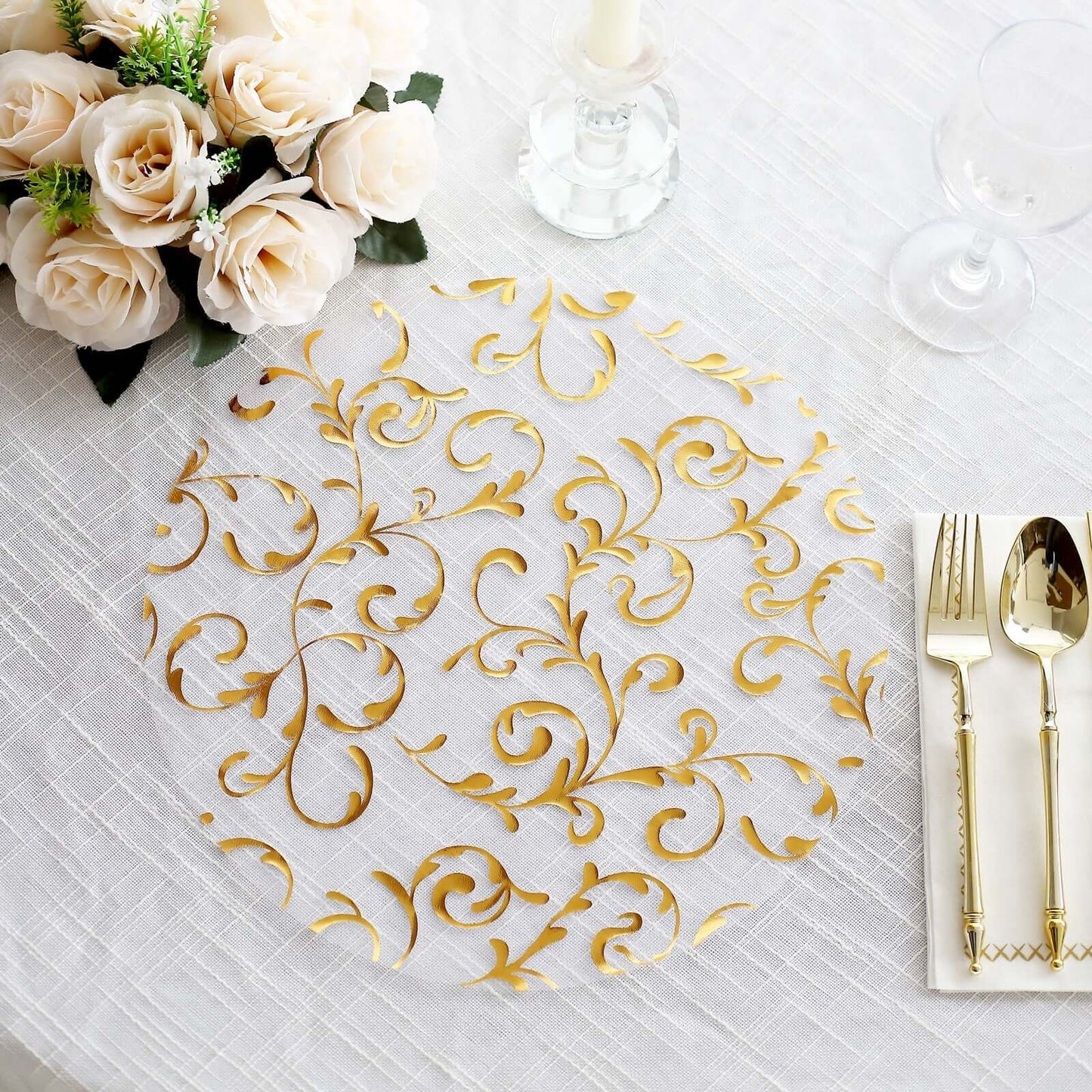 10-Pack Table Placemats Embossed Foil Flower Design Metallic Gold Round - Sheer Organza Disposable Mats 13"