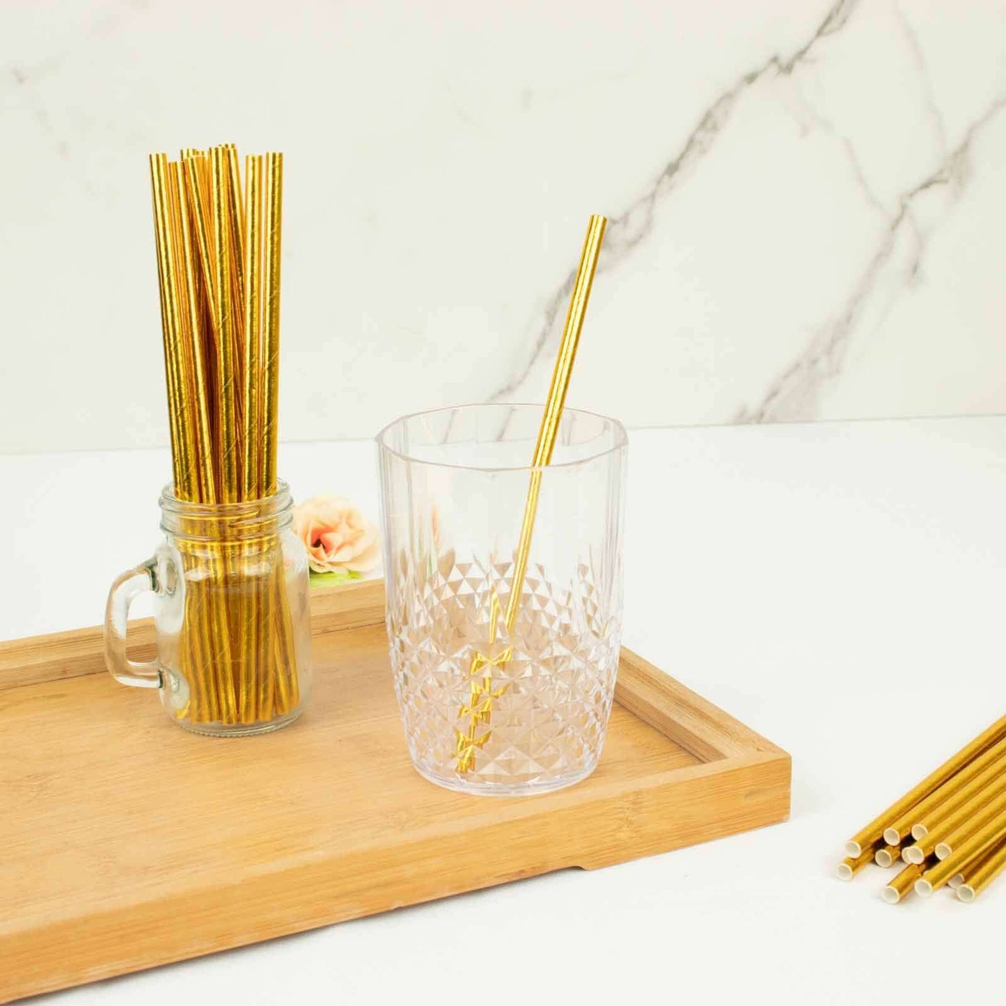 50-Pack Paper Drinking Straws Metallic Gold Foil Food Grade - Disposable Biodegradable Straws for Events 8"