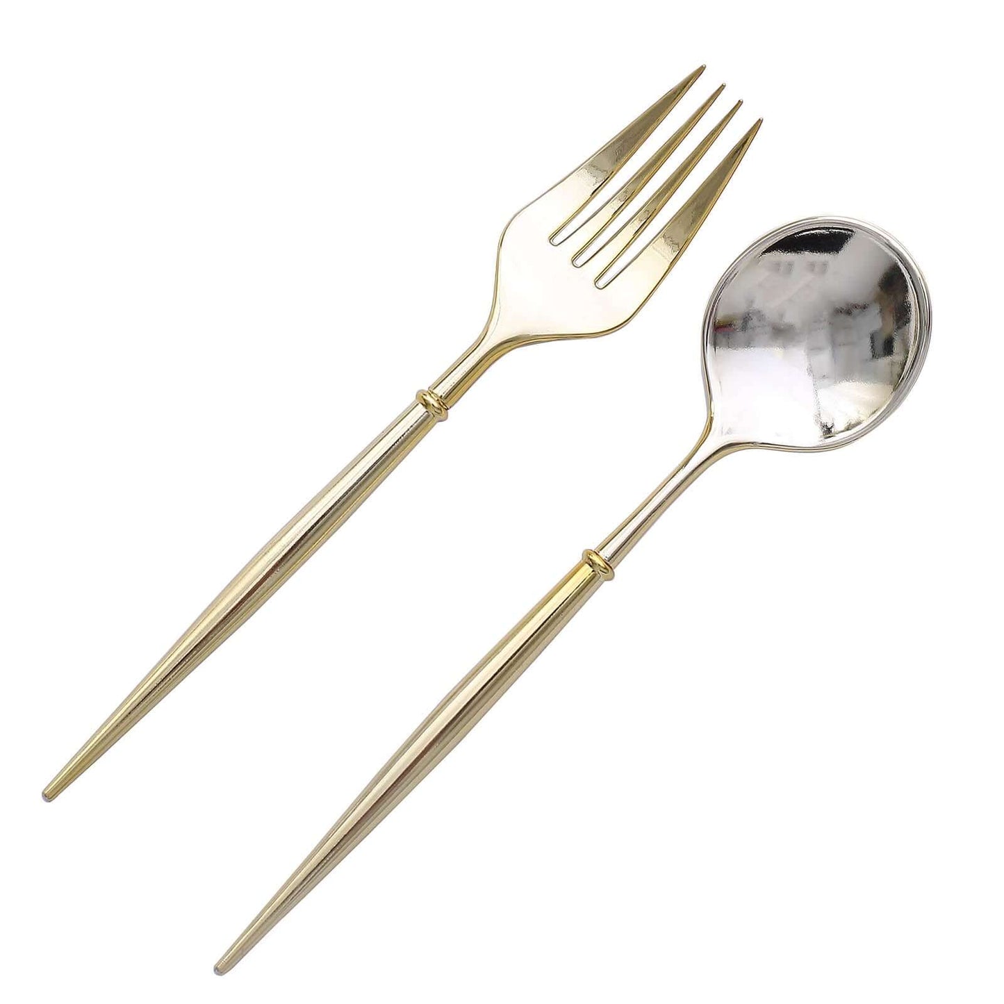 24-Pack Plastic Fork and Spoon Set Metallic Gold - Heavy Duty Disposable Modern Utensils 6"