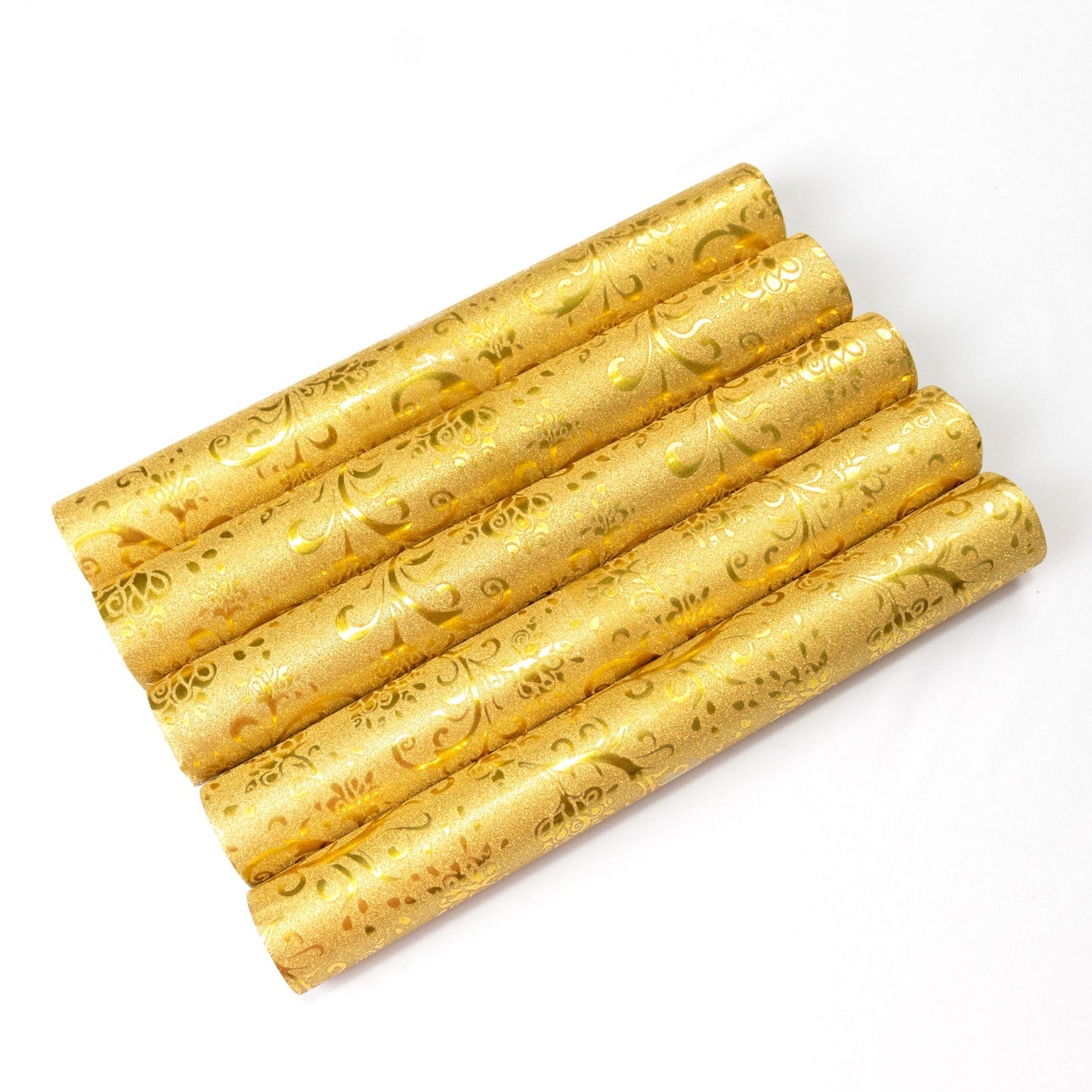 5 Pack Gold Glitter Paper Table Runners with Vintage Floral Vine Pattern - 10ft Disposable Wedding & Party Table Runners