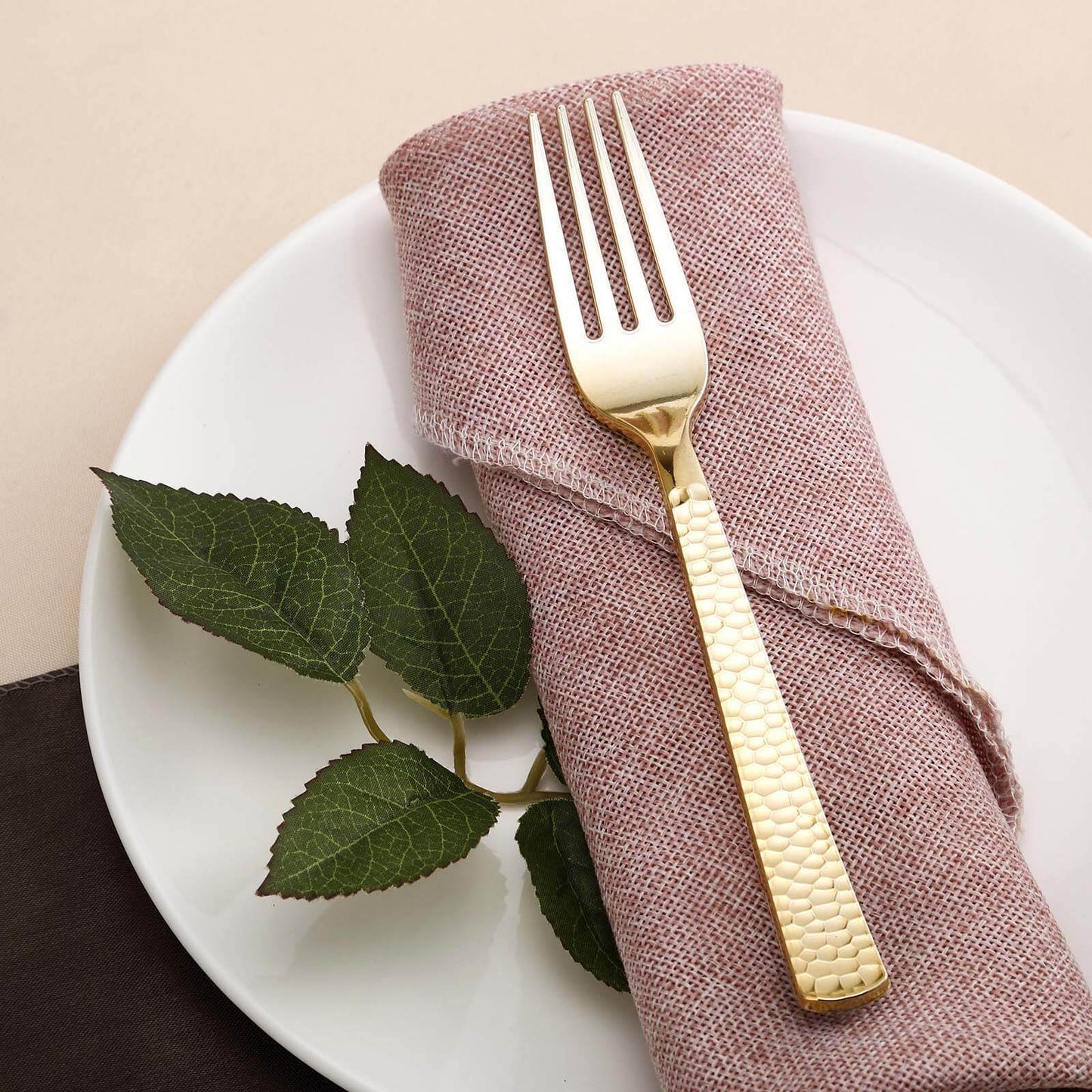 24-Pack Plastic Forks with Hammered Style Gold - Heavy Duty Disposable Silverware 7"