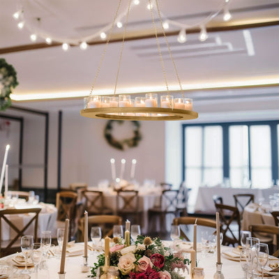 Gold Hanging Metal Floral Chandelier Frame - 24’’ Circular Lighting Candle and Floral Display Base - Centerpieces