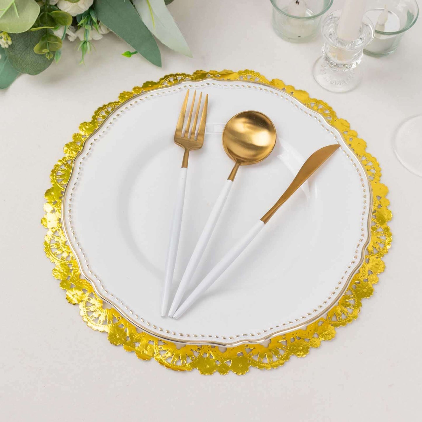 50-Pack Paper 12" Round Placemats in Metallic Gold - Disposable 50GSM Lace Doilies with Medallion Style for Dessert Display & Table Decor