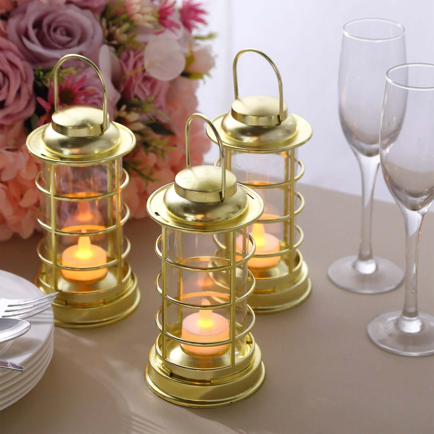 3-Pack LED Tealight Candles Decorative Gold - Battery Operated Mini Lantern Lamps 7"