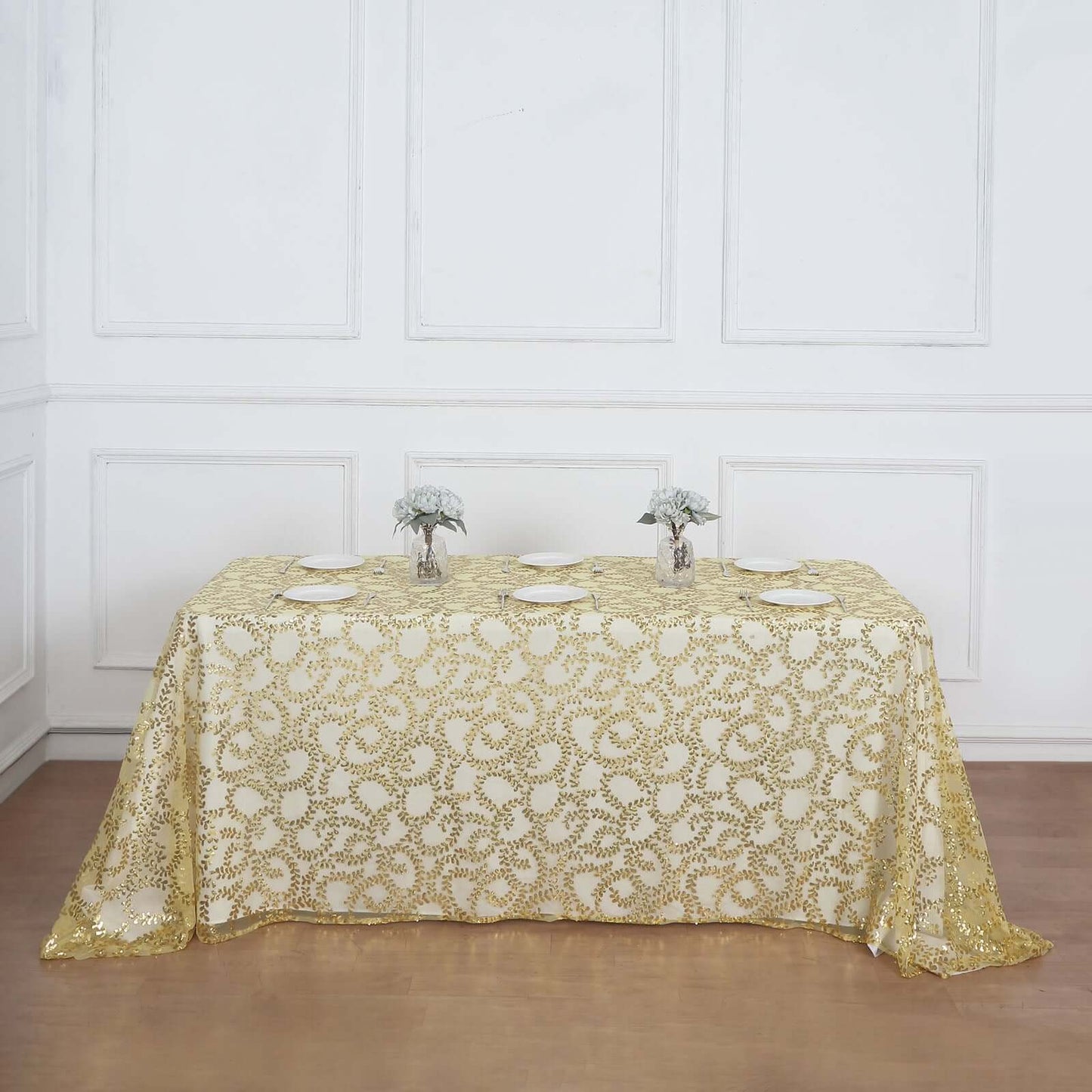 Tulle 90"x156" Rectangle Tablecloth Gold - Sequin Leaf Embroidered Design for Luxe Celebrations