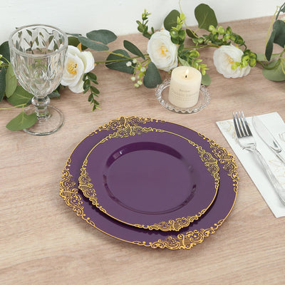 10-Pack Plastic 8" Round Dessert Plates in Purple with Gold Leaf Embossed Rim - Disposable Vintage Baroque Style Salad Plates