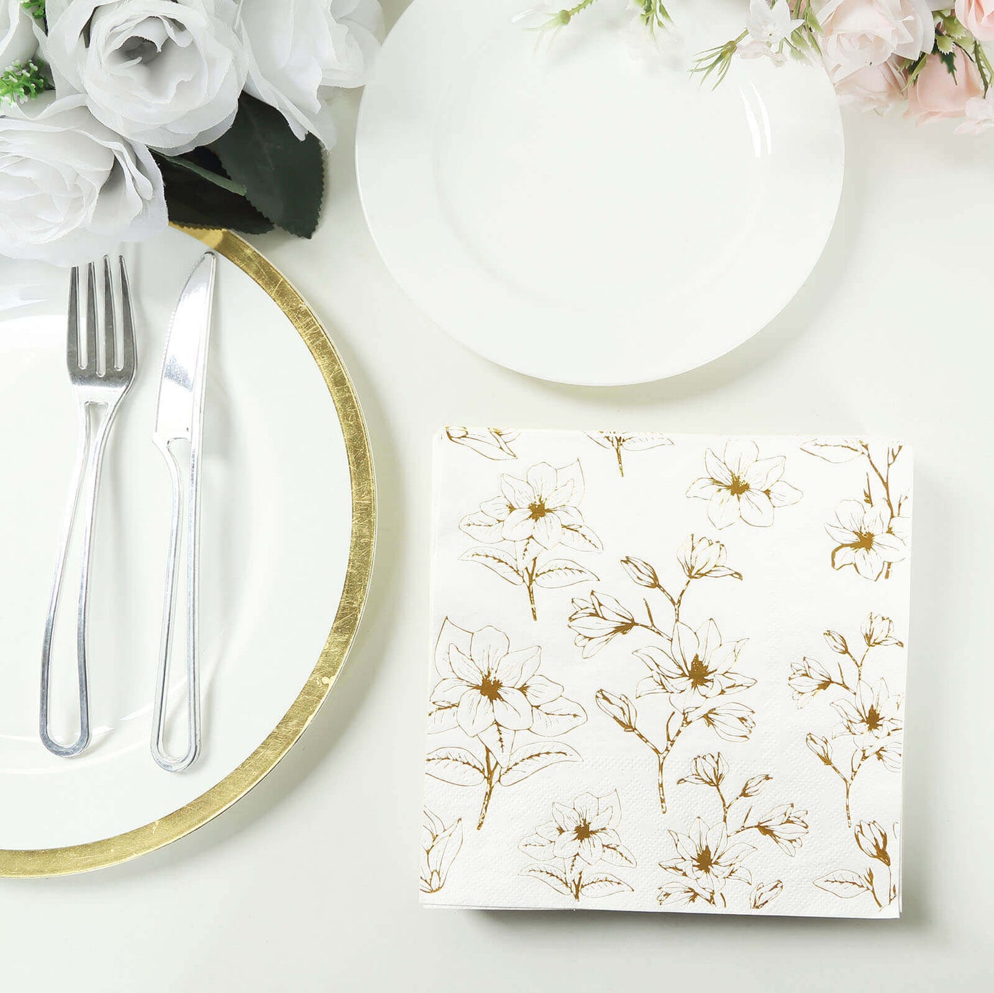 50-Pack Paper Cocktail Napkins with Gold Magnolia Flowers Print White - Highly 2 Ply Absorbent Soft Napkins for Beverages