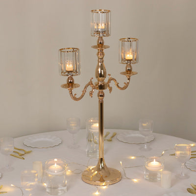 Gold Metal 3-Arm Candelabra with Crystal Pendant Glass Shades â€“ 34’’ Tall Candle Holder for Pillar LED and Flameless