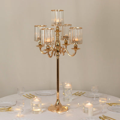 Gold Metal 5-Arm Candelabra with Crystal Pendant Glass Shades â€“ 40’’ Tall Candle Holder for Pillar LED and Flameless
