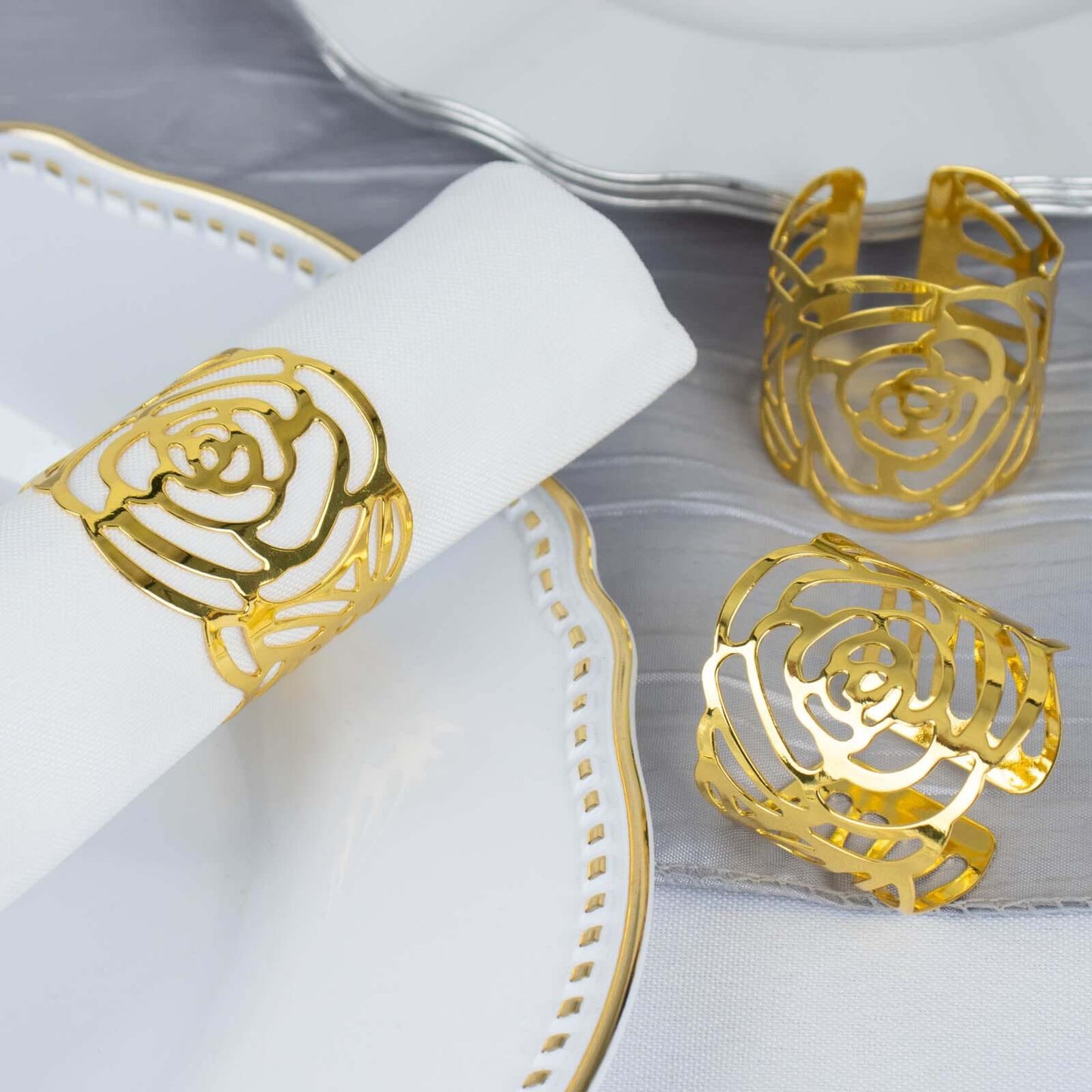 4 Pack Shiny Gold Laser Cut Rose Round Metal Napkin Rings, Decorative Flower Napkin Holders
