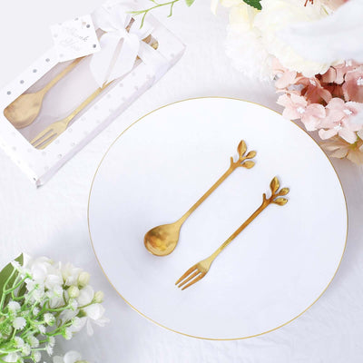 Gold Metal Spoon & Fork Pre-Packed Wedding Party Favors Set With Leaf Shaped Handle Bridal Shower Souvenir Gift Box