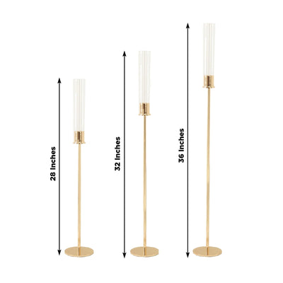 Gold Metal Taper Candle Holders with Hurricane Glass Shades Set of 3 â€“ Modern Minimalist Candlestick Stands â€“ 28’’