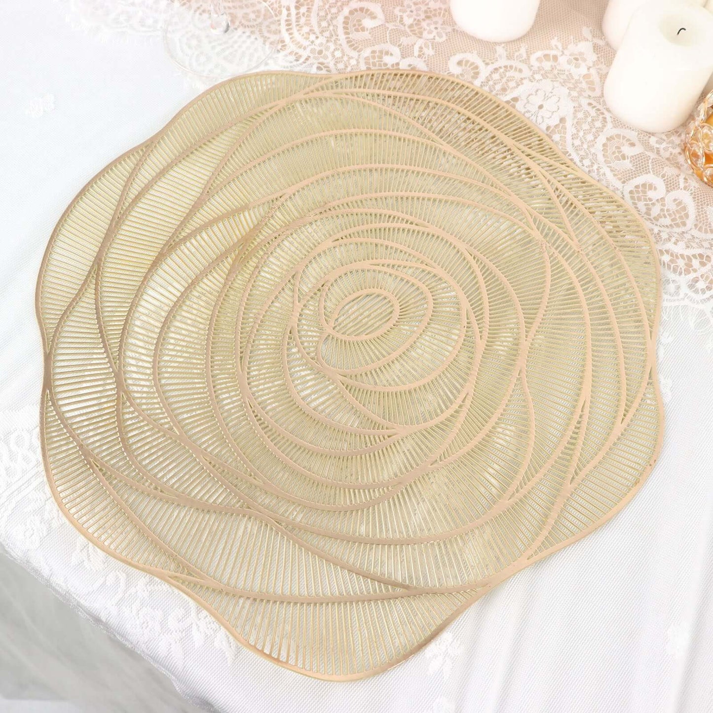 6-Pack Dining Table Mats Rose Flower Design Metallic Gold - Vinyl Round Non-Slip and Washable Table Mats 15"