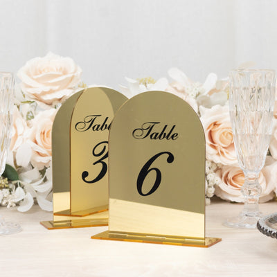 Gold Mirror Arch Acrylic Table Numbers (1-10) - 6’’x7’’ Wedding Reception Signs with Black Print & Stands - Decorations