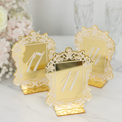 Gold Mirror Arch Acrylic Table Numbers (11-20) - 5’’x7’’ Wedding Reception Signs with Baroque Lace Border White Print &