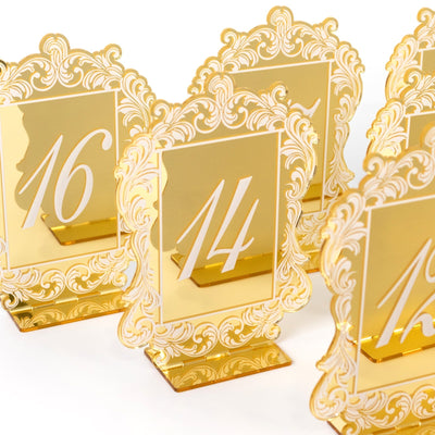 Gold Mirror Arch Acrylic Table Numbers (11-20) - 5’’x7’’ Wedding Reception Signs with Baroque Lace Border White Print &