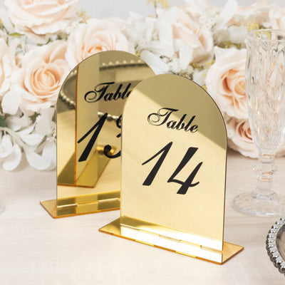 Gold Mirror Arch Acrylic Table Numbers (11-20) - 6’’x7’’ Wedding Reception Signs with Black Print & Stands - Decorations