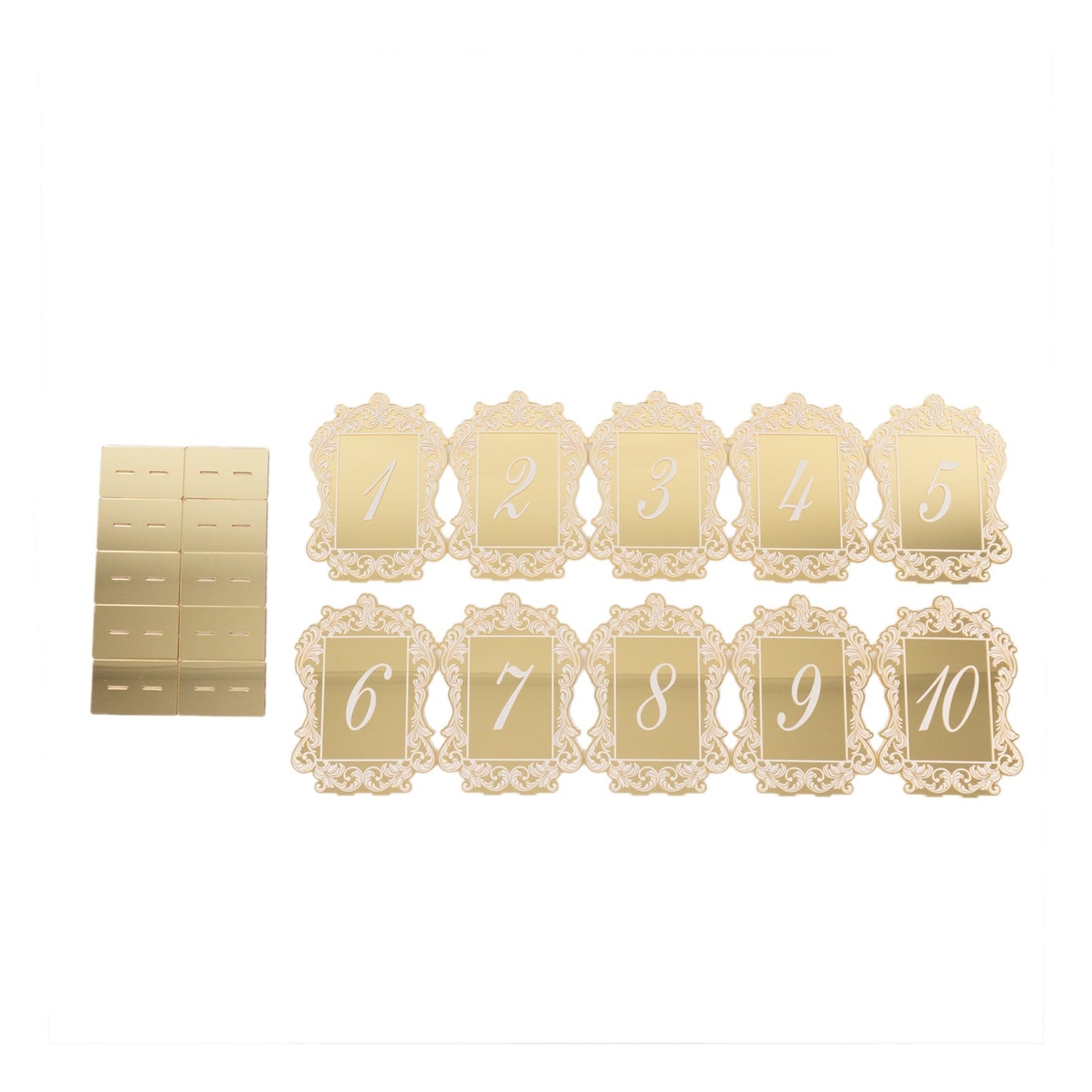 Gold Mirror Arch Acrylic Table Numbers (1-10) - 5"x7" Wedding Reception Signs with Baroque Lace Border, White Print & Stands