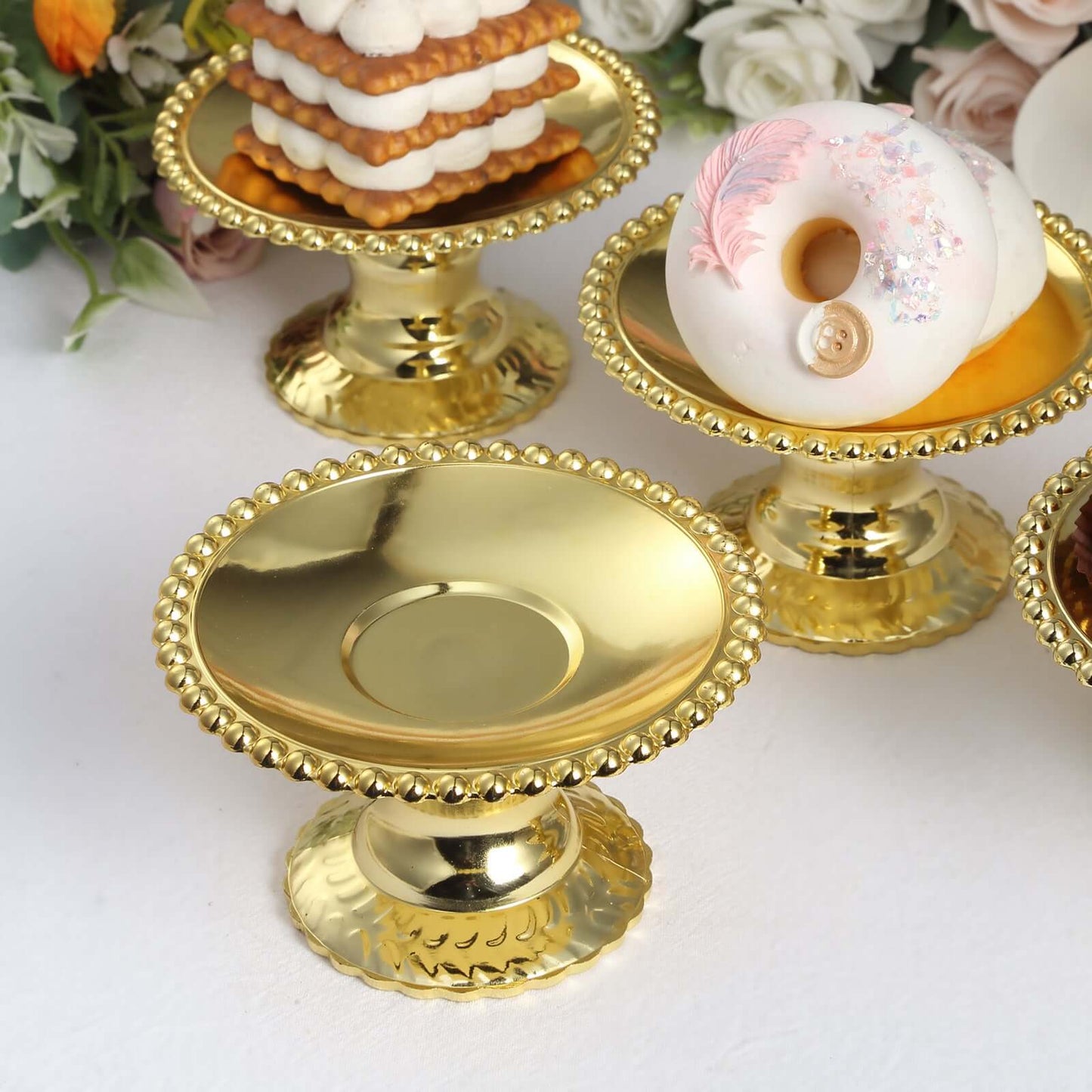 12-Pack Plastic Pedestal Cupcake Plates Mini Gold Mirror Finish Beaded Rim - Great for Displays 5"
