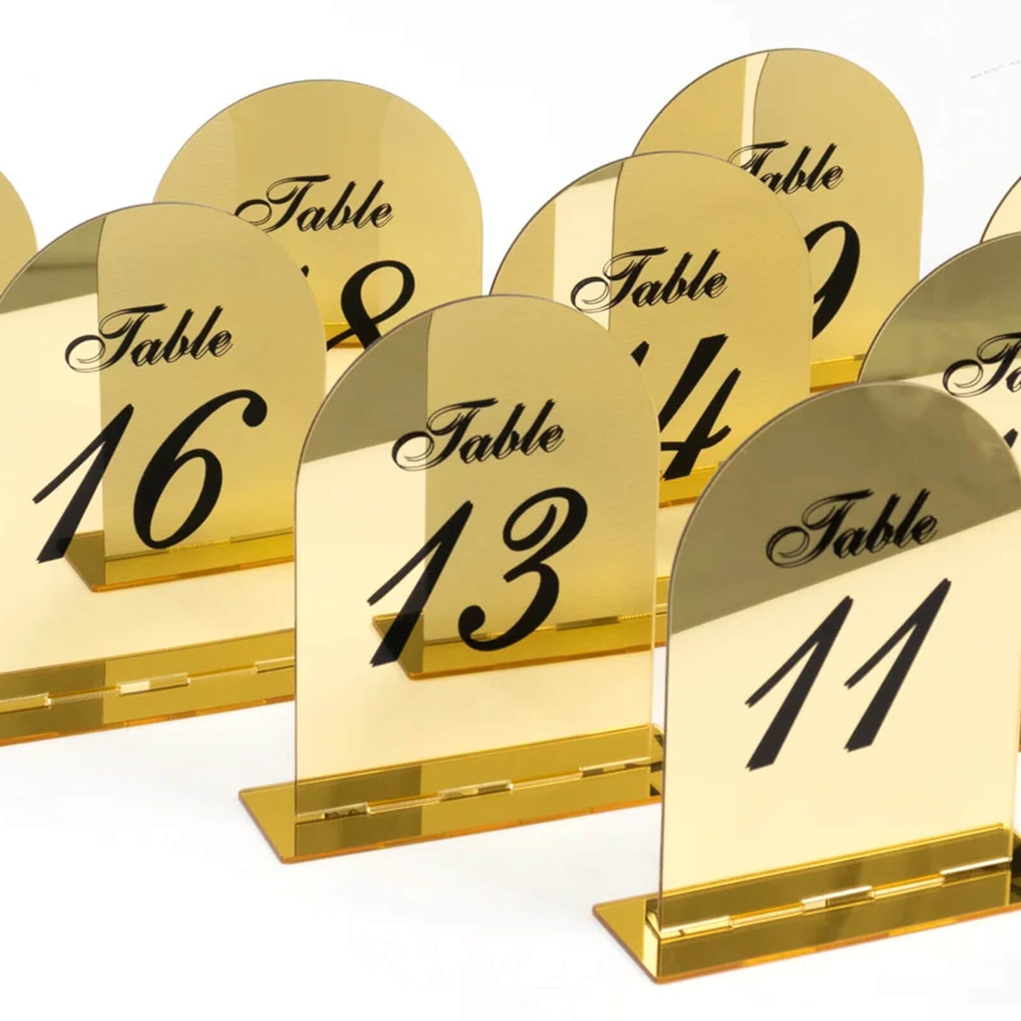 Gold Mirror Arch Acrylic Table Numbers (11-20) - 6"x7" Wedding Reception Signs with Black Print & Stands