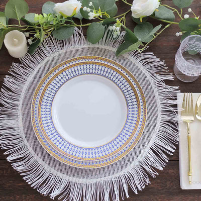 10-Pack Plastic 9" Round Dinner Plates in White with Gold Navy Blue Chord Rim - Renaissance Style Disposable Plates for Events & Banquets