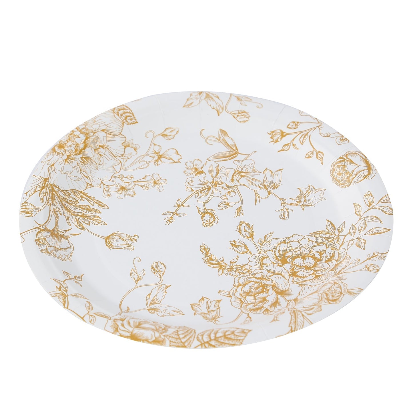 25-Pack Paper 9" Round Dinner Plates in White with Gold French Toile Pattern - Disposable Floral Party Plates for Stylish Events