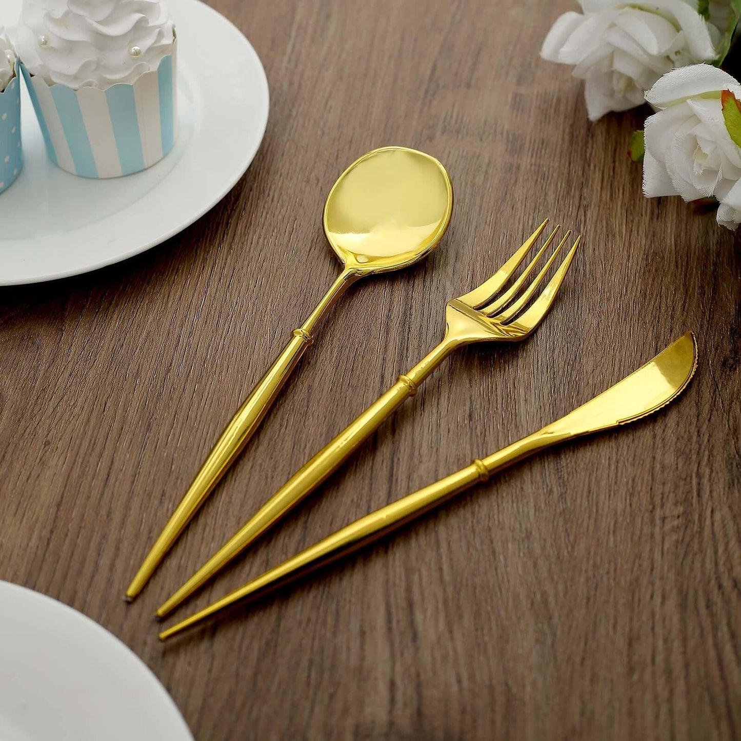 24-Pack Plastic Flatware Set in Gold - Heavy Duty Disposable Modern Silverware 8"