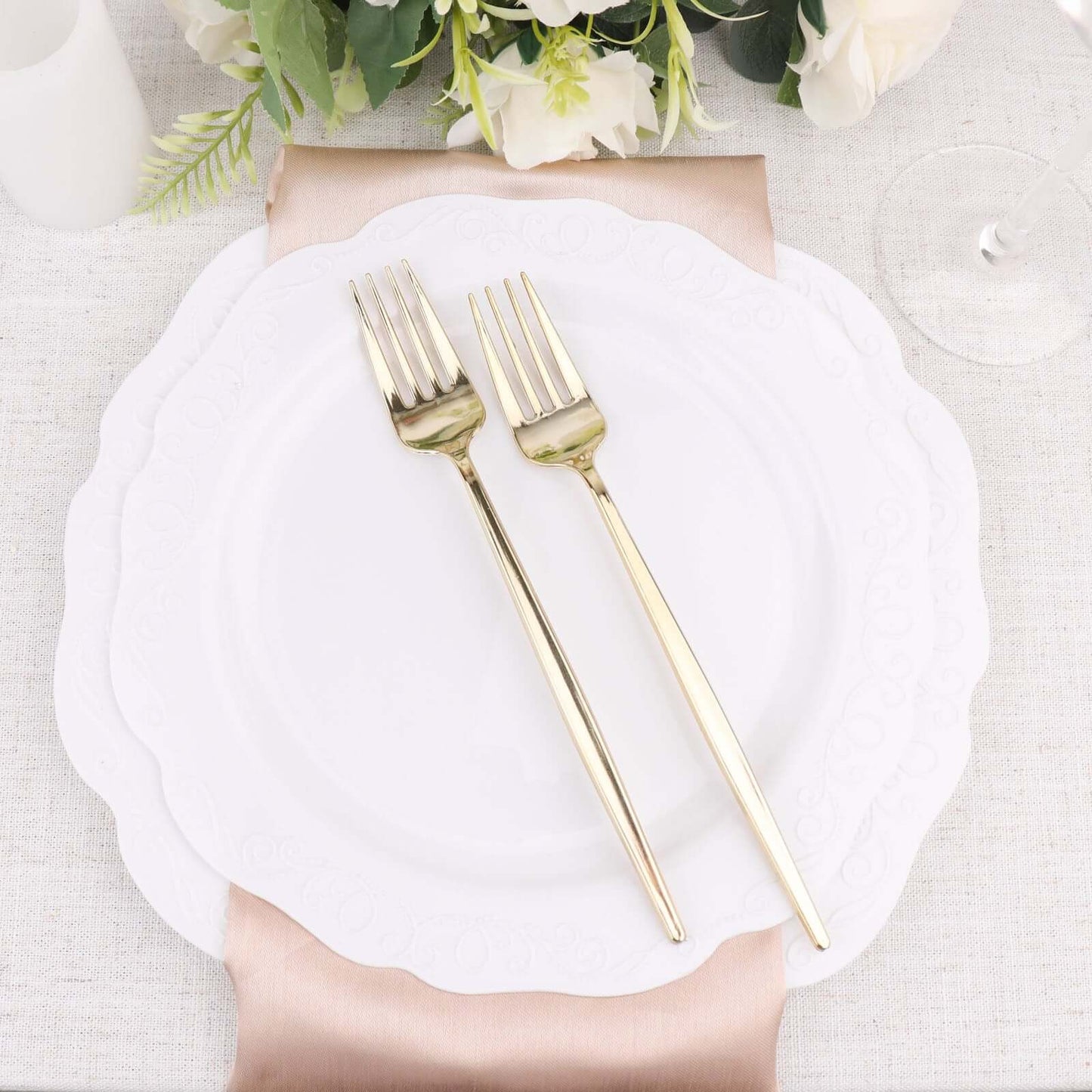 24 Pack 8" Glossy Gold Heavy Duty Plastic Silverware Forks Cutlery, Premium Disposable Sleek Flatware