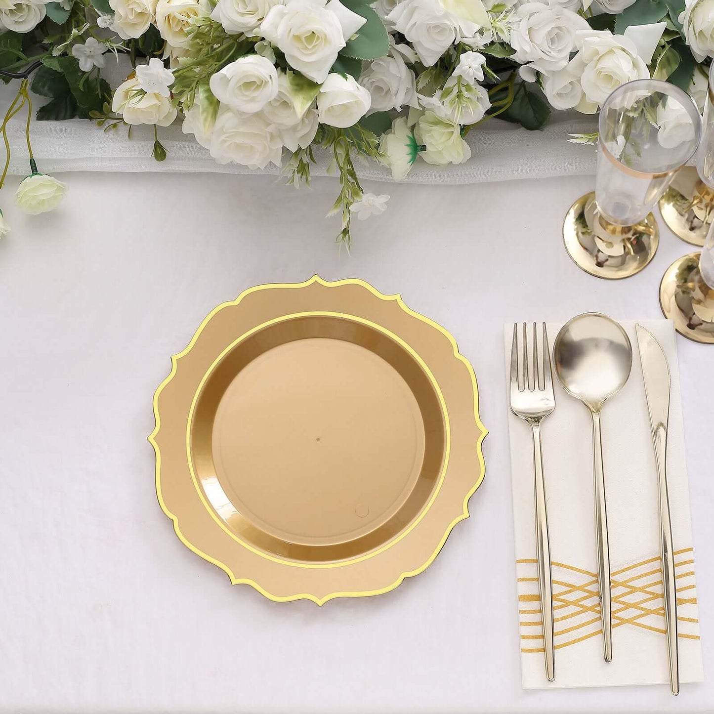 10-Pack Plastic 8" Round Dessert Plates in Gold with Gold Scalloped Rim - Disposable Appetizer/Salad Plates