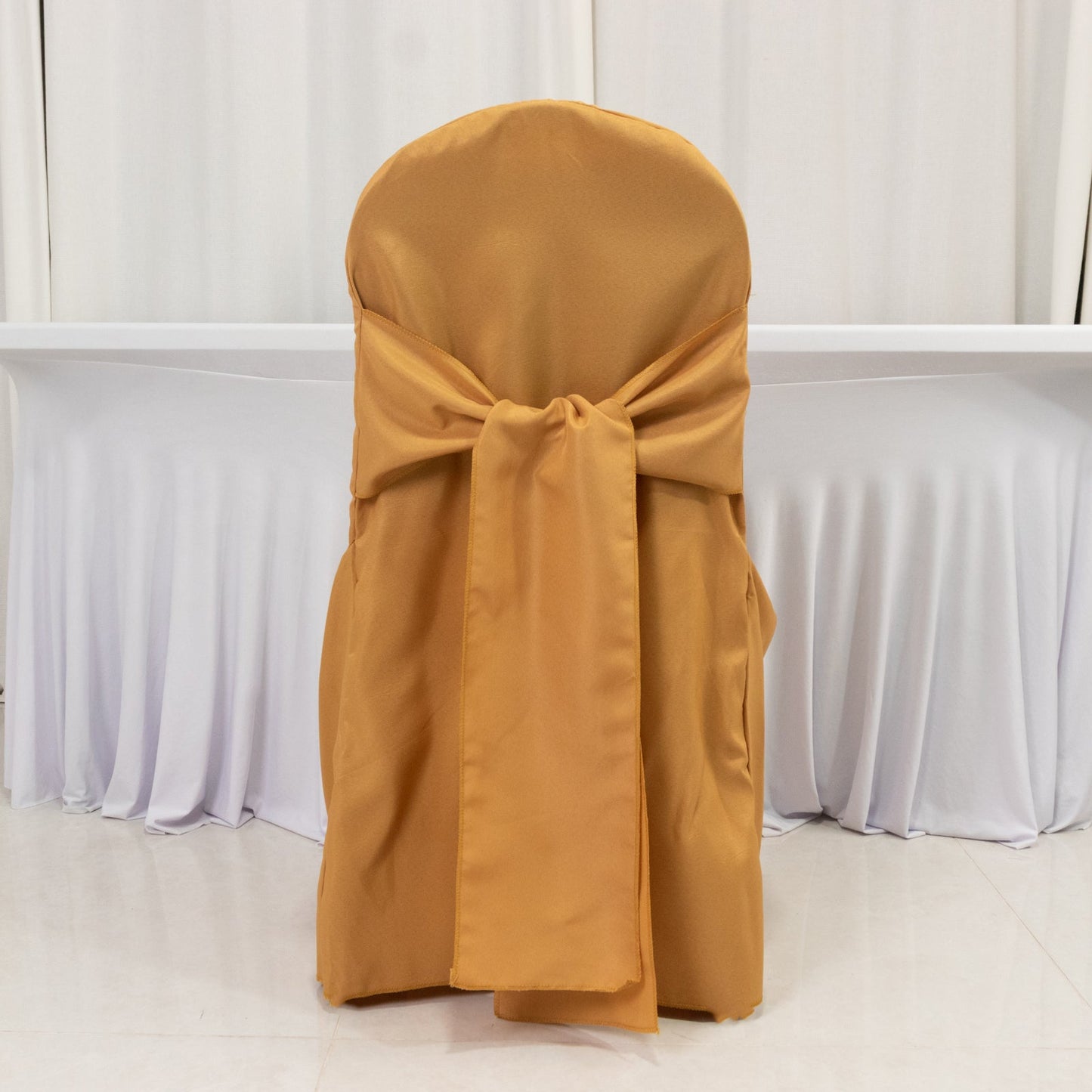 10-Pack Polyester Slip-On Banquet Chair Covers with Attached Sashes â€“ Gold Reusable Stain-Resistant Covers for Wedding & Event Decor