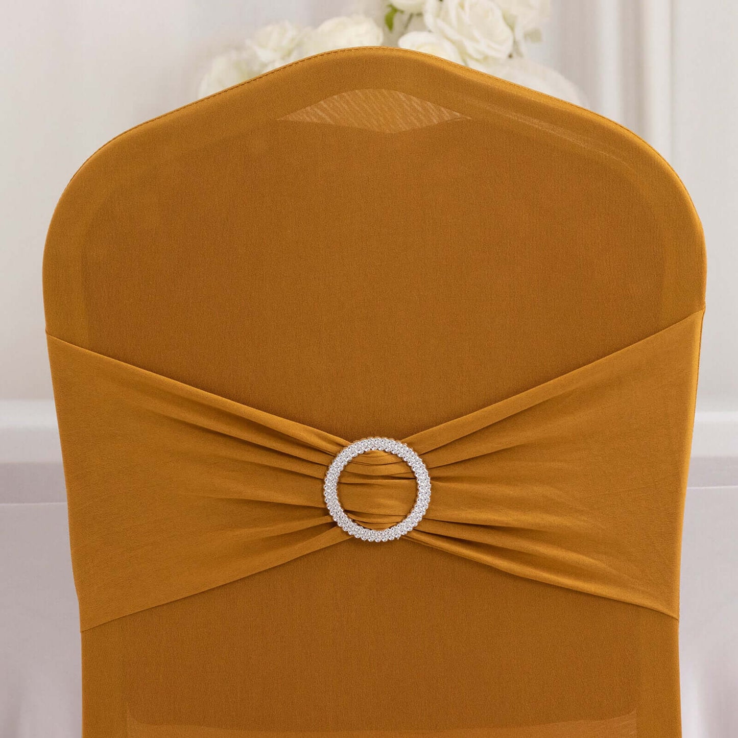 Spandex Chair Cover with Silver Rhinestone Buckled Sash Band Gold - Stylish Stretch Fitted Slipcover for Banquets & Events