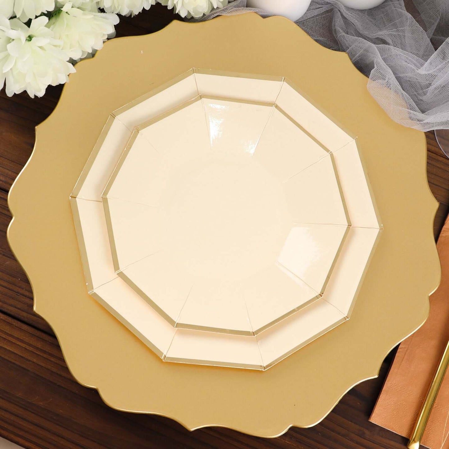 25-Pack Paper 7" Decagon Appetizer Plates in Beige with Gold Foil Rim