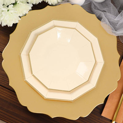 25-Pack Paper 7" Decagon Appetizer Plates in Beige with Gold Foil Rim