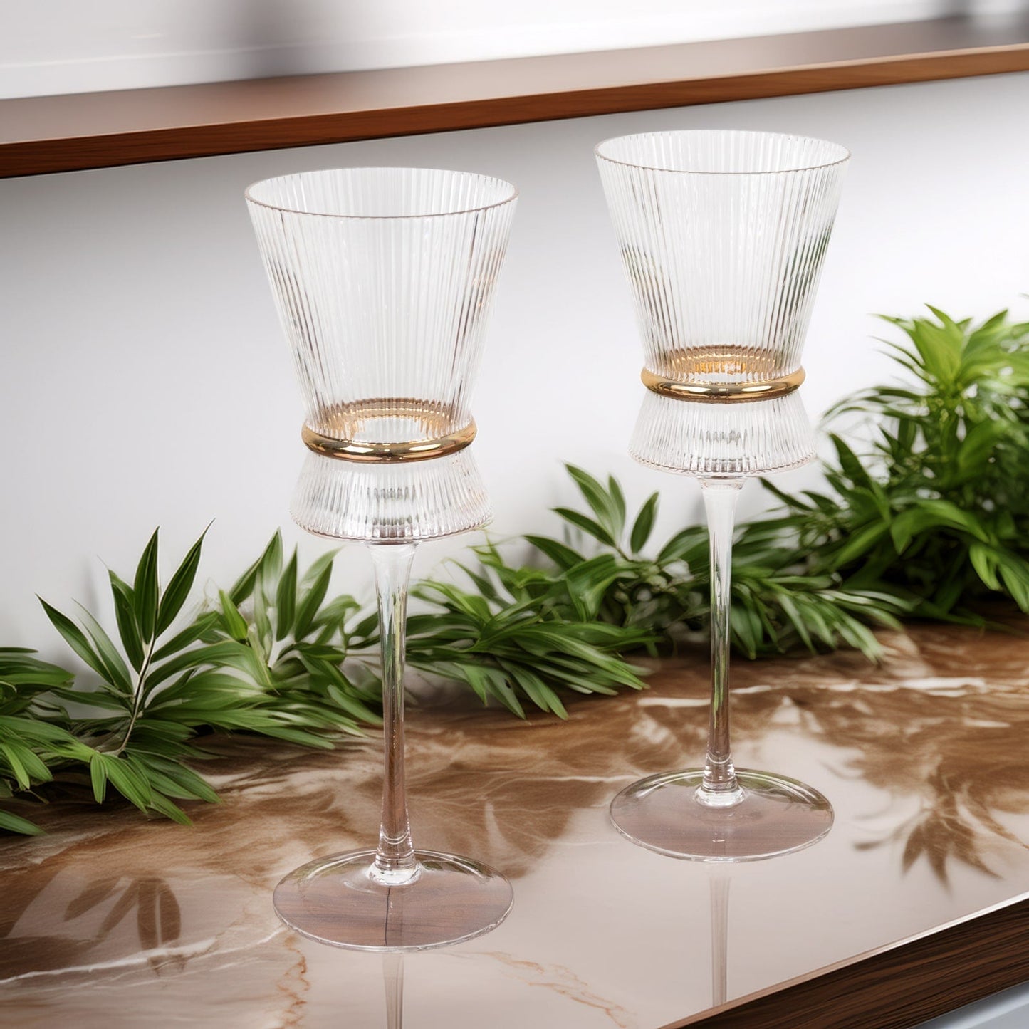 6-Pack Clear Wine Glasses â€“ 9oz Real Glass, Ribbed Design with Gold Ring Accent, Elegant Glassware for Celebrations â€“ 9" Tall