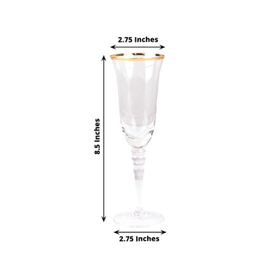 6-Pack Champagne Flute Glasses Clear Gold Rimmed Design with Long Beaded Stem - Chic Crystal Glassware for Wine & Events 6oz 8.5"