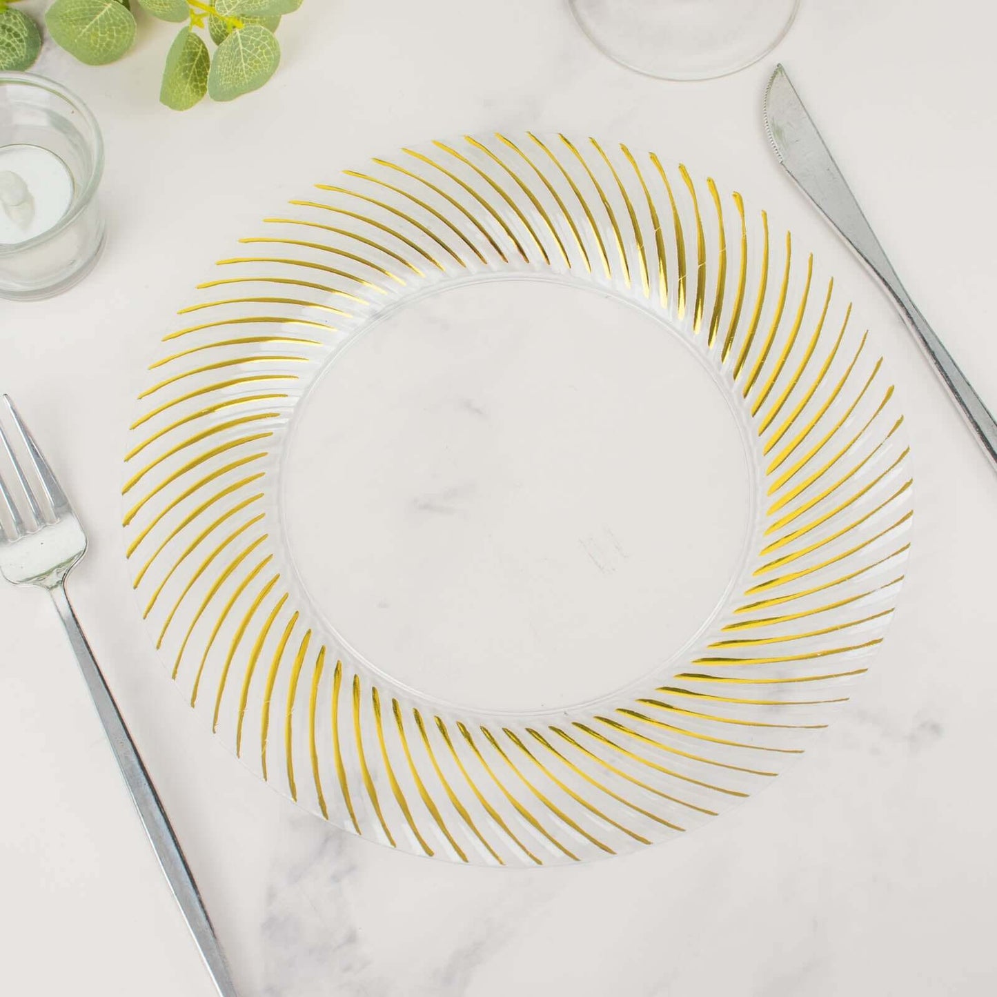 10-Pack Plastic 9" Round Dinner Plates Clear with Gold Swirl Rim - Disposable Party Plates for Classy Events & Banquets
