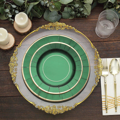 25-Pack Paper 8" Round Dessert Plates in Hunter Emerald Green Sunray Design with Gold Rim - Disposable Heavy Duty 350GSM Appetizer Salad Plates