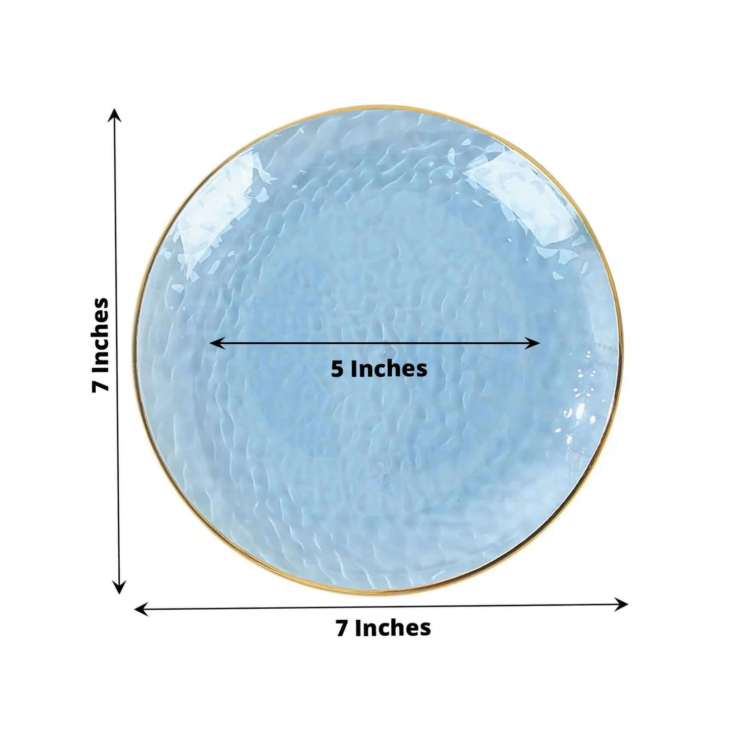 10-Pack Plastic 7" Round Dessert Appetizer Plates in Transparent Dusty Blue Hammered Design with Gold Rim - Modern Disposable Salad Plates