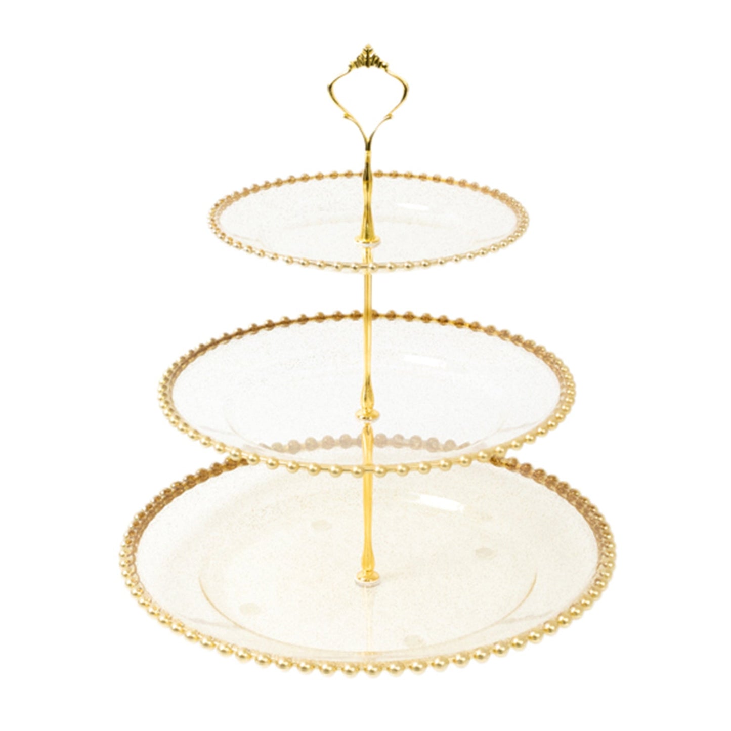 14" Clear Gold Glittered 3-Tier Plastic Dessert Display Stand With Gold Beaded Rim, Round Cupcake Tower Tea Party Serving Platter With Top Handle
