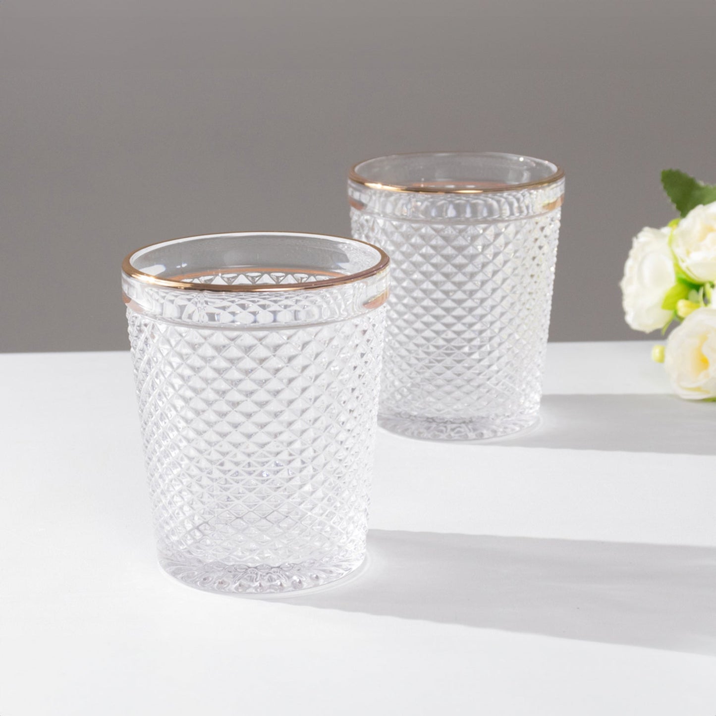 6-Pack Tumbler Glasses Clear Hobnail Design with Gold Rim - Embossed Diamond Pattern Glassware for Drinks & Parties 11oz 4"