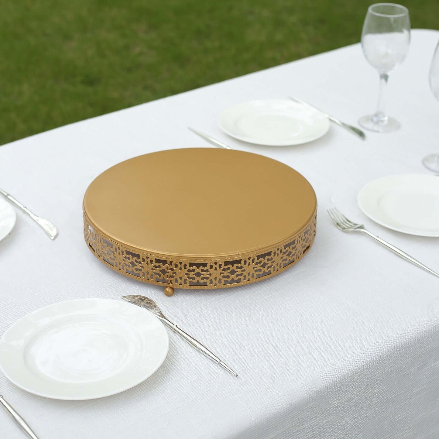 Metal Pedestal Cake Stand Fleur De Lis Round Design Gold - Cupcake Dessert Display Table Centerpiece 12"