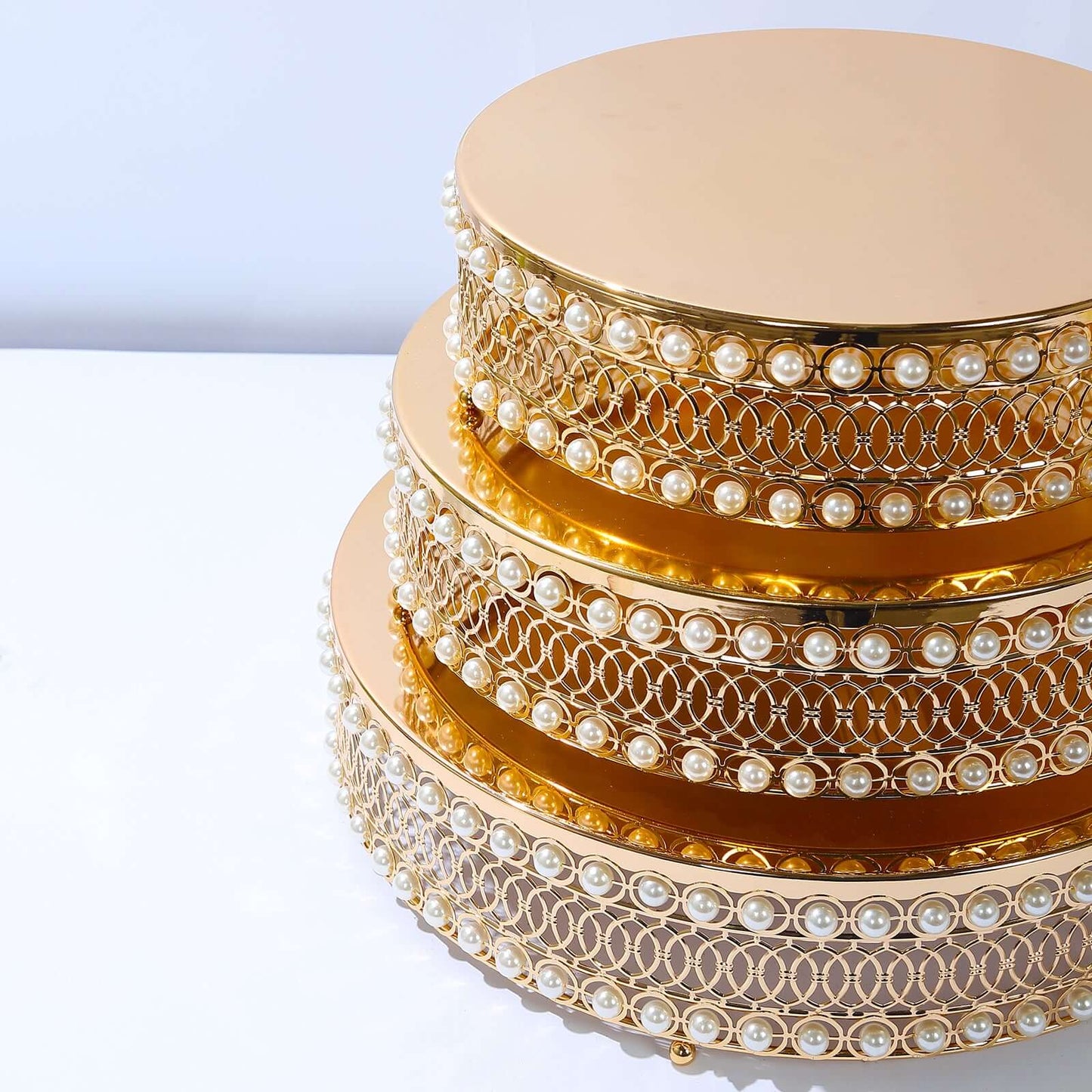 Set of 3 Cake Stands Round Design with Mirror Top Gold - Pearl Beaded Stackable Cupcake Holders Metal 12", 14", 16"