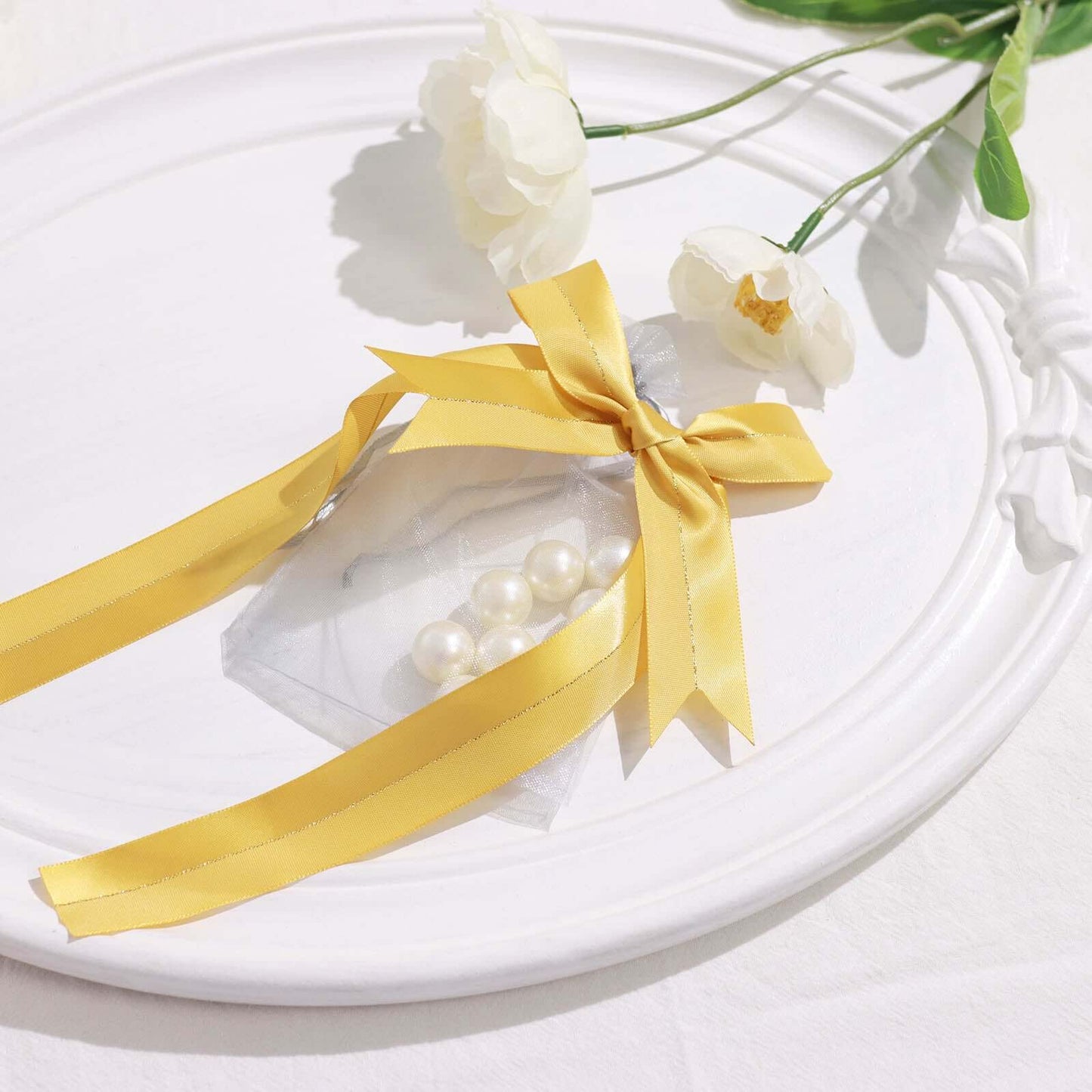 50 Pcs 10" Gold Pre Tied Ribbon Bows, Satin Ribbon With Gold Foil Lining For Gift Basket and Party Favors Decor