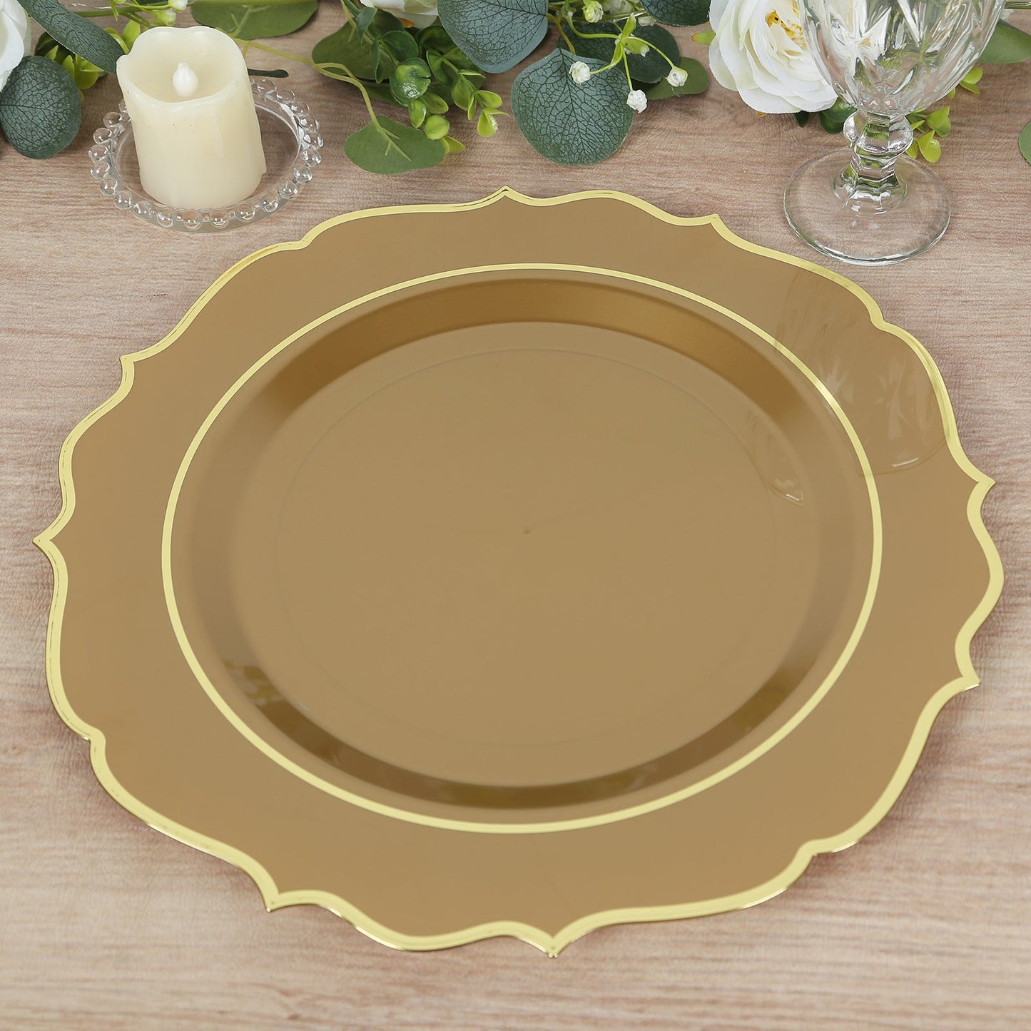 10-Pack Economy Plastic Round Charger Plates 13" in Gold with Scalloped Rim, Decorative Dinner Party Serving Plates